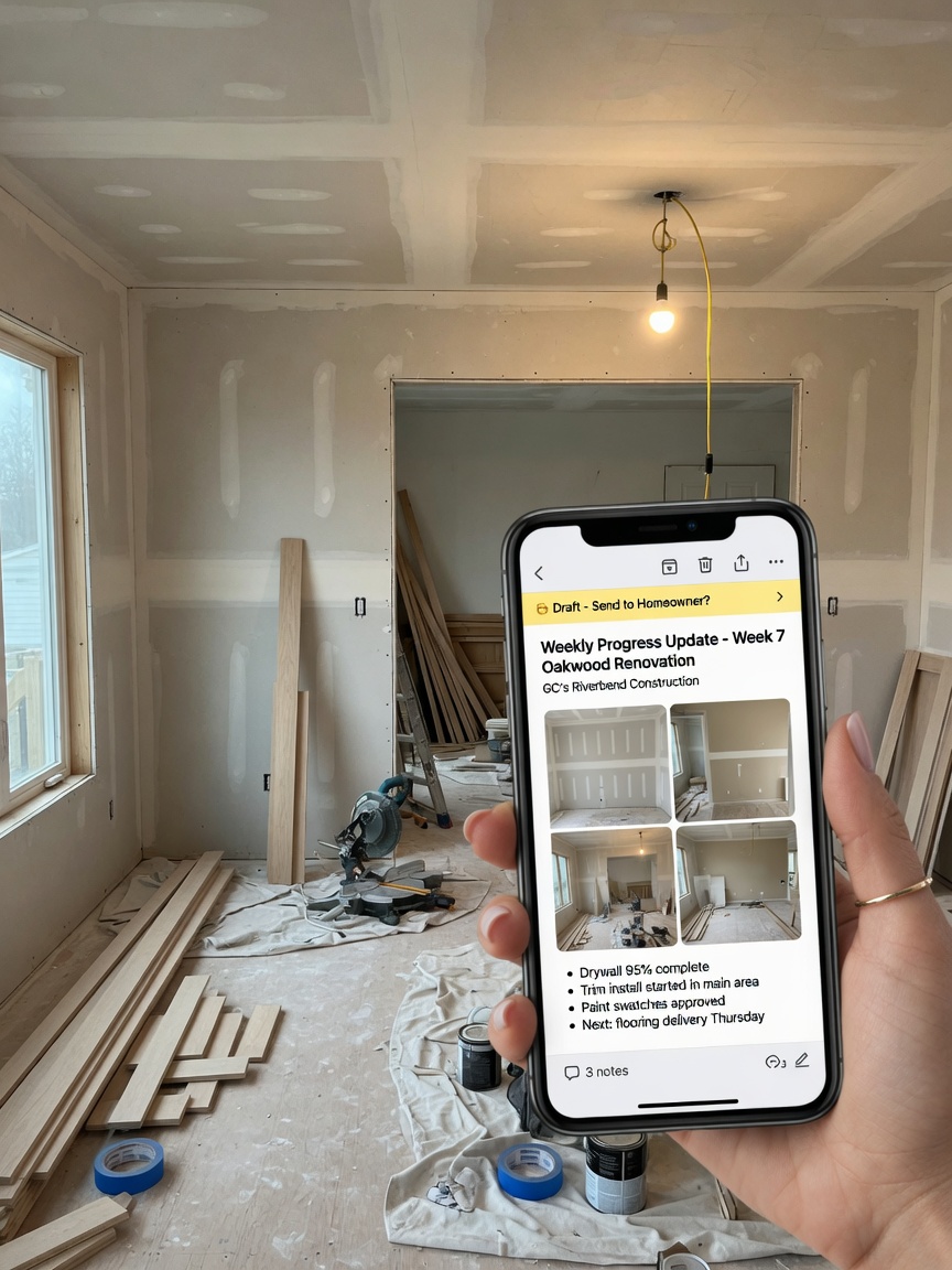Residential GC reviews a weekly homeowner progress update draft on his phone beside an active remodel