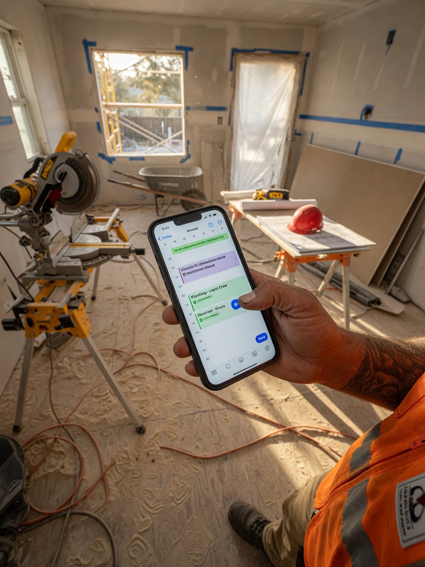 General contractor reviews sub mobilization confirmations on his phone at a residential remodel site