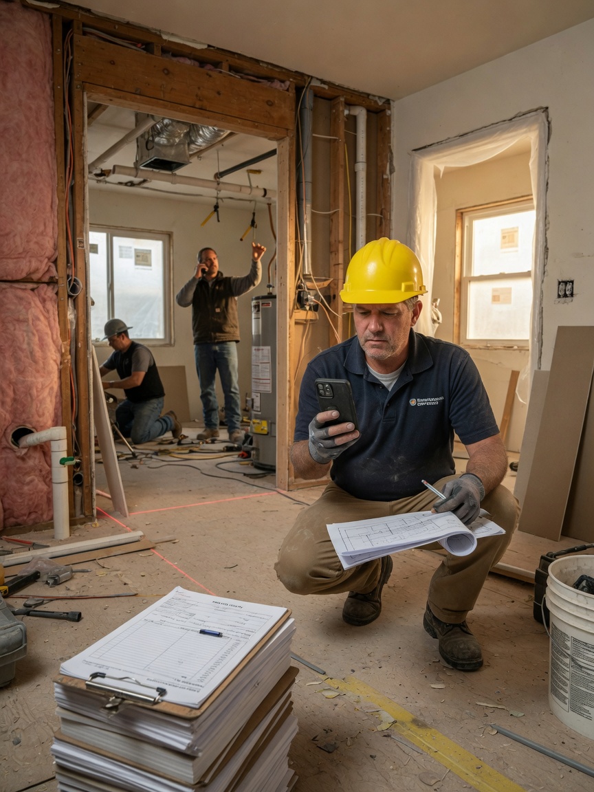 General contractor sends a same-day trade-slip notice from his truck between remodel job sites