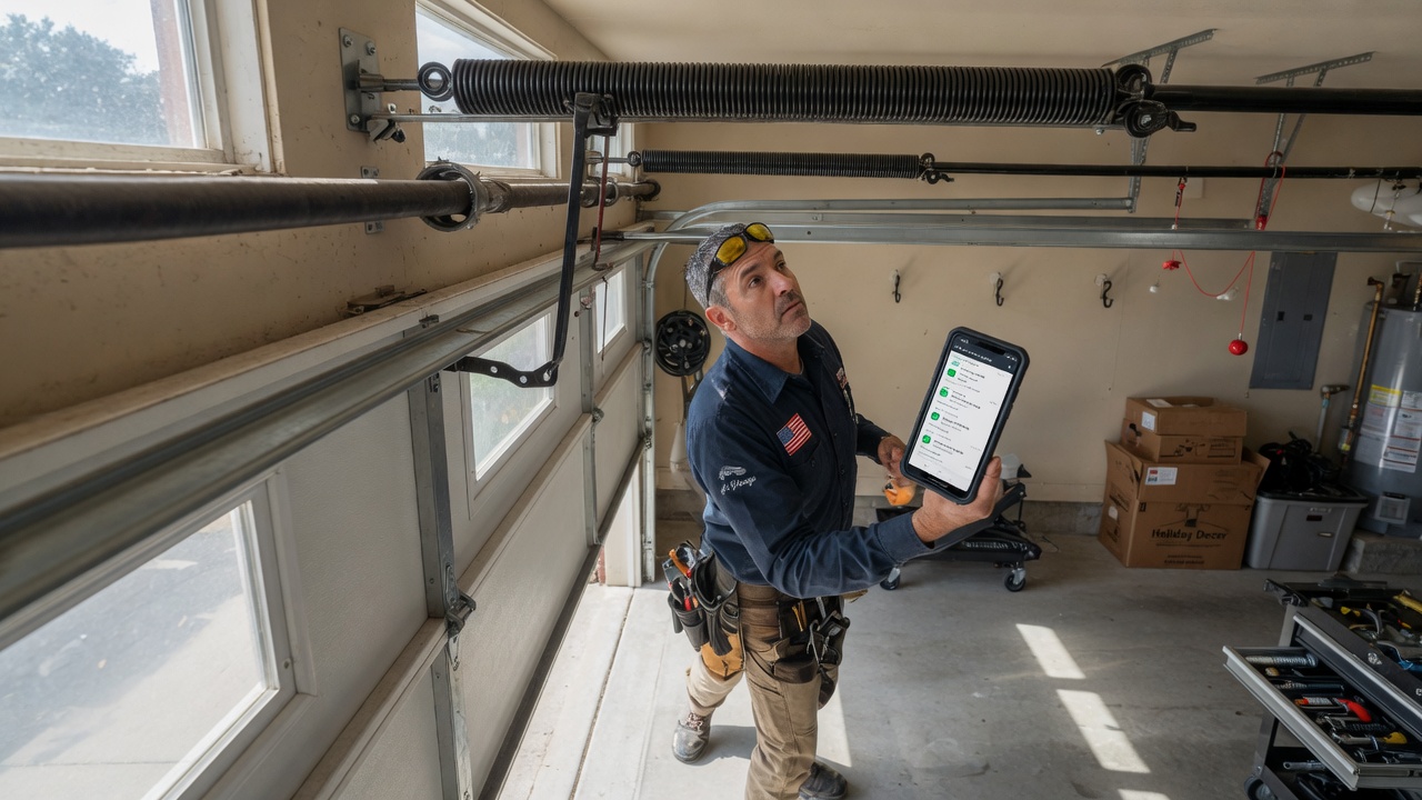 Garage door technician under a torsion spring assembly reviews a routed spring-emergency call summary on his phone