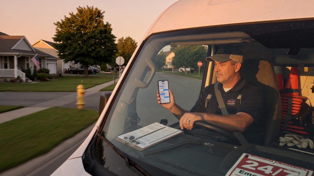 Garage door technician sends a same-day ETA shift notice from his phone while driving between spring repair calls