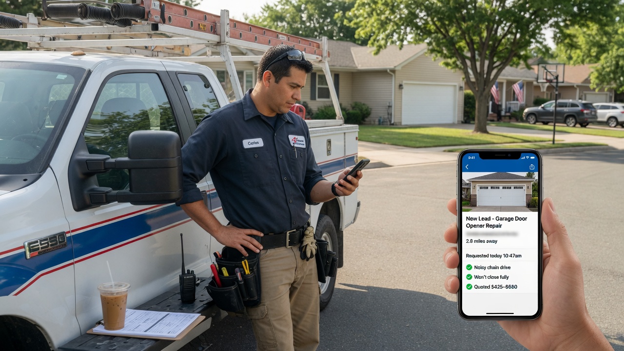 Garage door technician reviews a Thumbtack spring-repair lead summary on his phone between same-day service calls