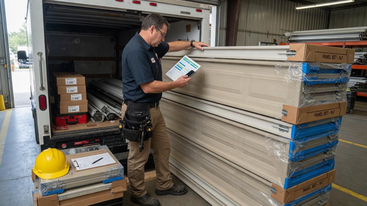 Garage door technician reviews a custom panel order status update draft on his phone beside stacked sectional panels