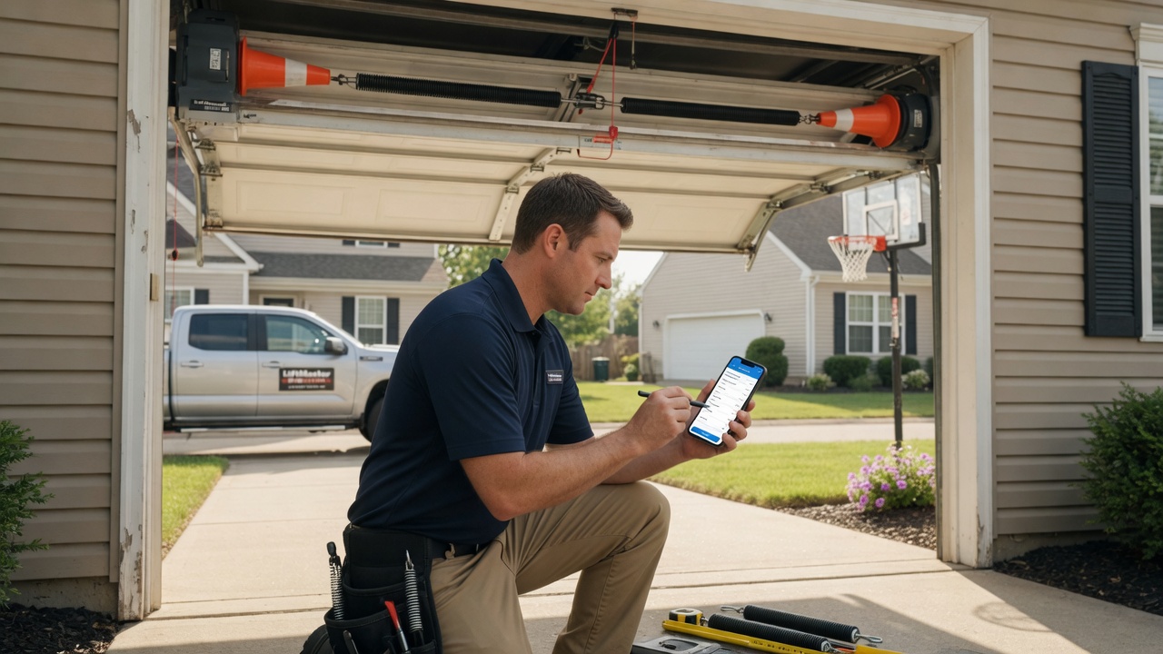 Garage door technician drafts a same-day spring repair quote with cable and drum line items on his phone beside an open sectional door