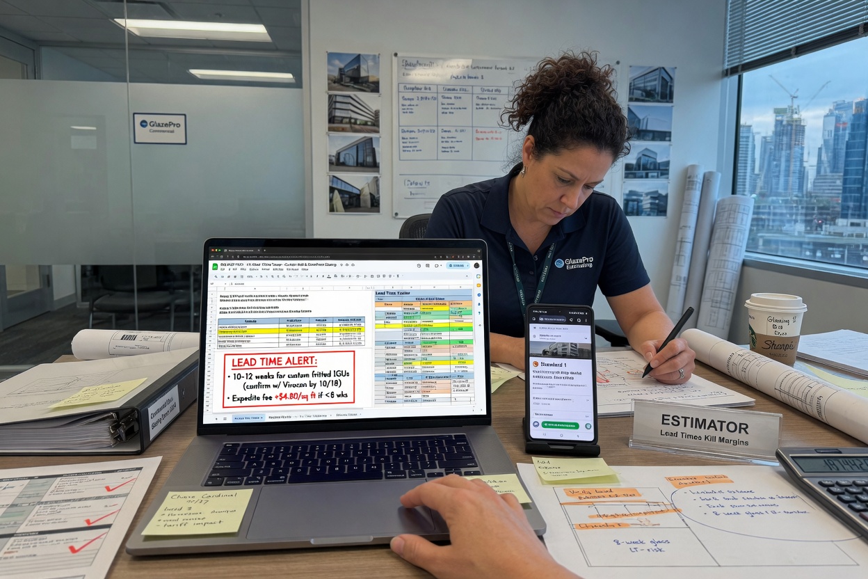 Glazing estimator drafts a commercial bid with lead-time notes on his phone after a site takeoff