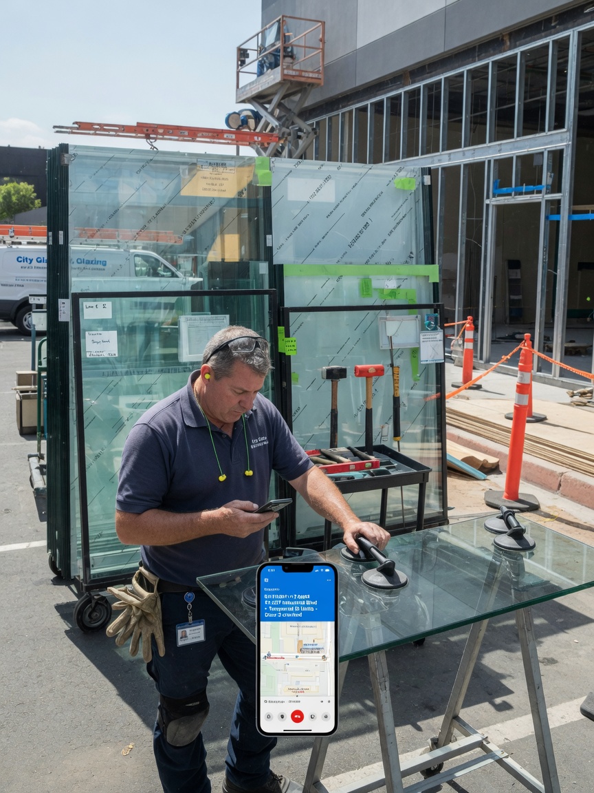 Commercial glazier reviews a routed bid-call summary on his phone beside a storefront install