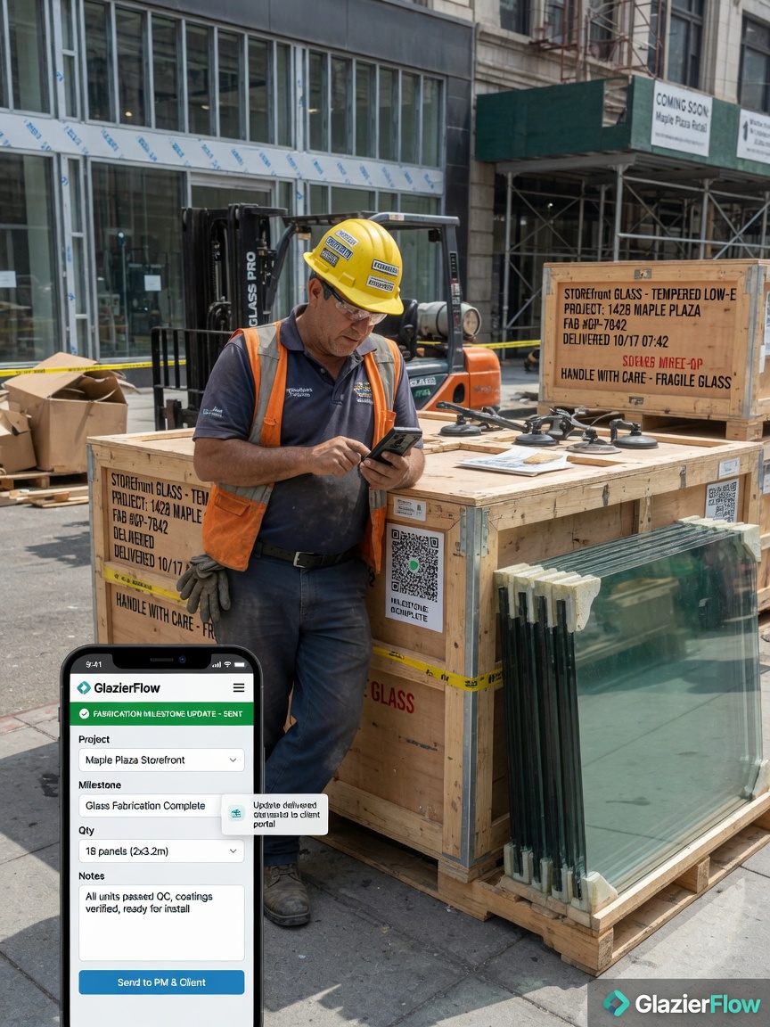 Glazing project manager reviews a fabrication milestone update draft on his phone at a glass shop