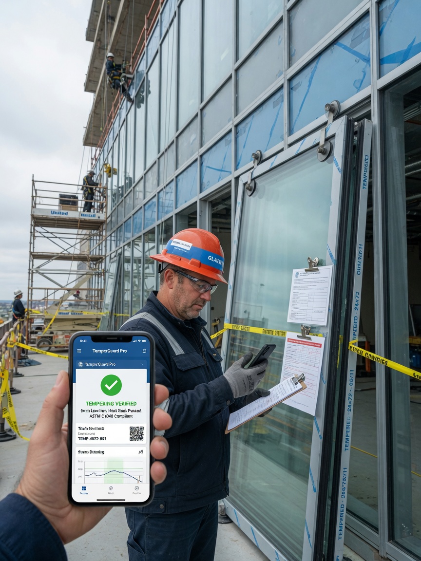 Glazier checks tempering and anchor specs on his phone at a curtainwall install