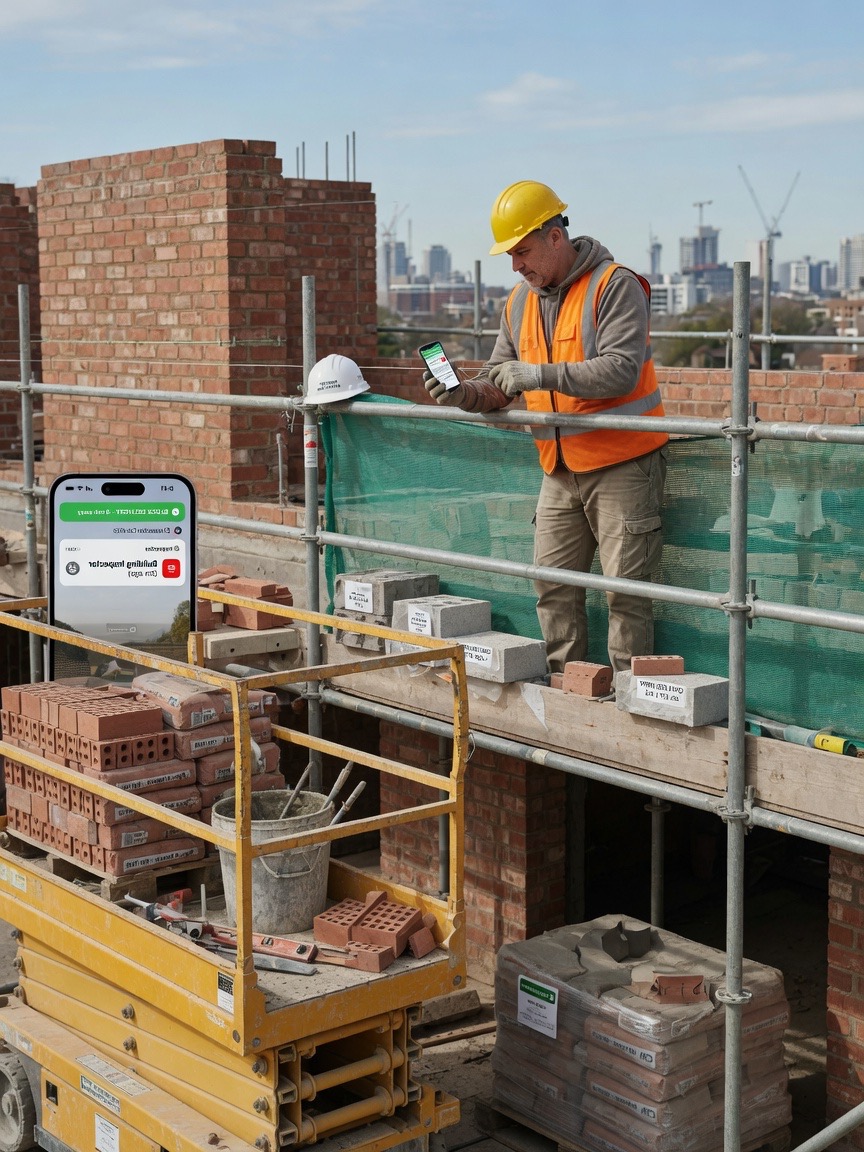 Heritage building specialist on scaffold reviews a routed preservation bid-call summary on his phone