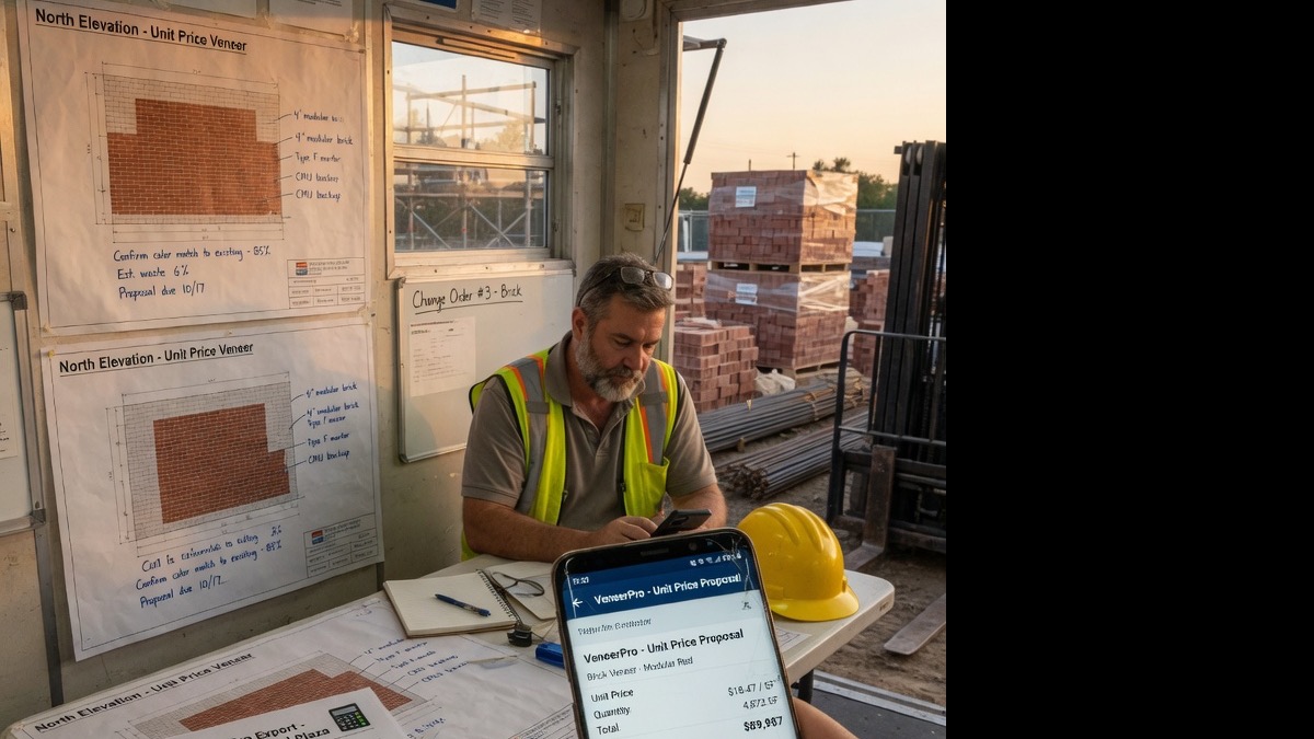 Heritage contractor drafts a preservation proposal with phased stabilization line items on his phone beside historic brick samples
