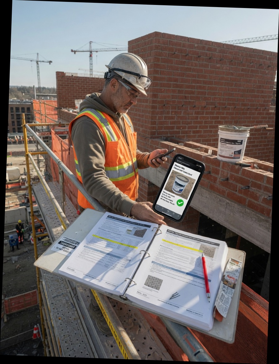 Heritage building specialist reviews an architect RFQ lead summary on his phone between historic masonry jobs