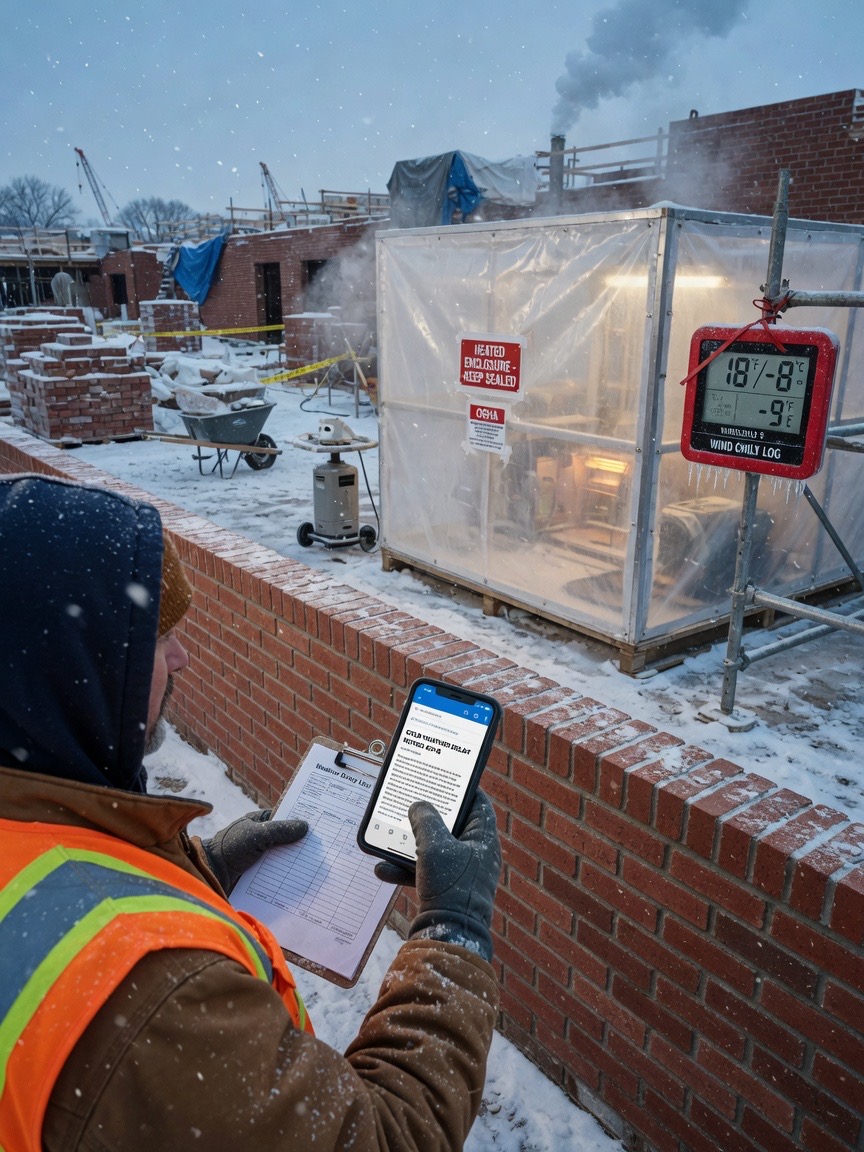 Heritage building specialist reviews an SHPO and historic commission follow-up draft on his phone before mobilizing a repointing crew