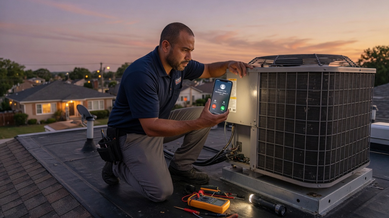 HVAC technician on a rooftop unit while an AI agent captures an after-hours no-cool call