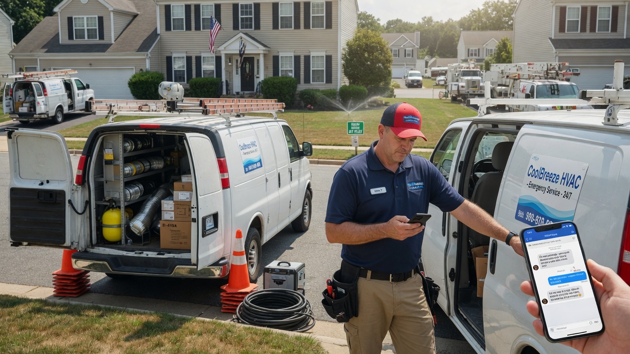 HVAC technician replies to a peak-season lead on his phone between service calls