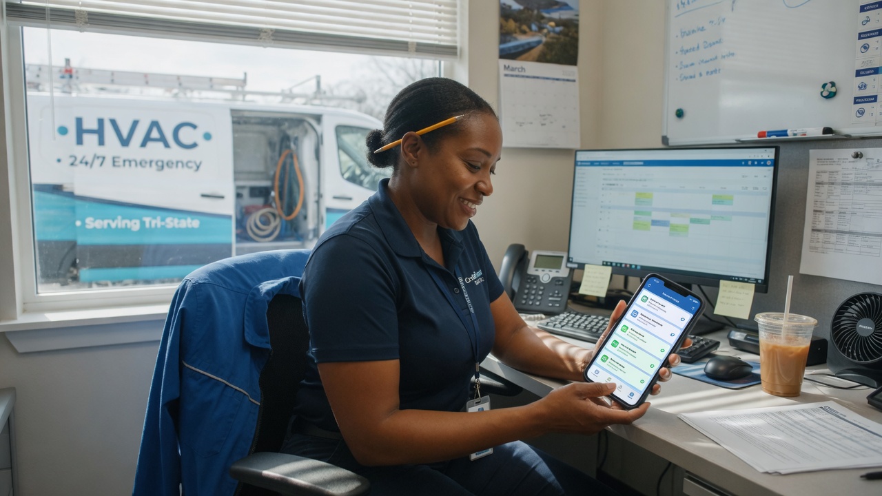HVAC office manager sees maintenance renewal confirmations on her phone