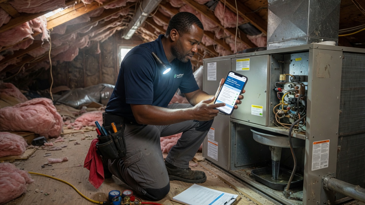 HVAC technician in an attic sending a Good-Better-Best system proposal from his phone
