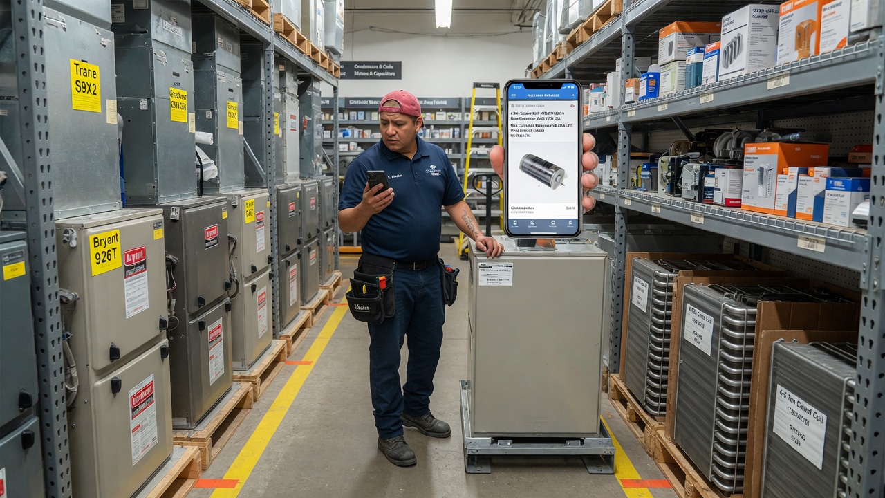 HVAC technician looks up equipment model numbers and parts on his phone at a supply house