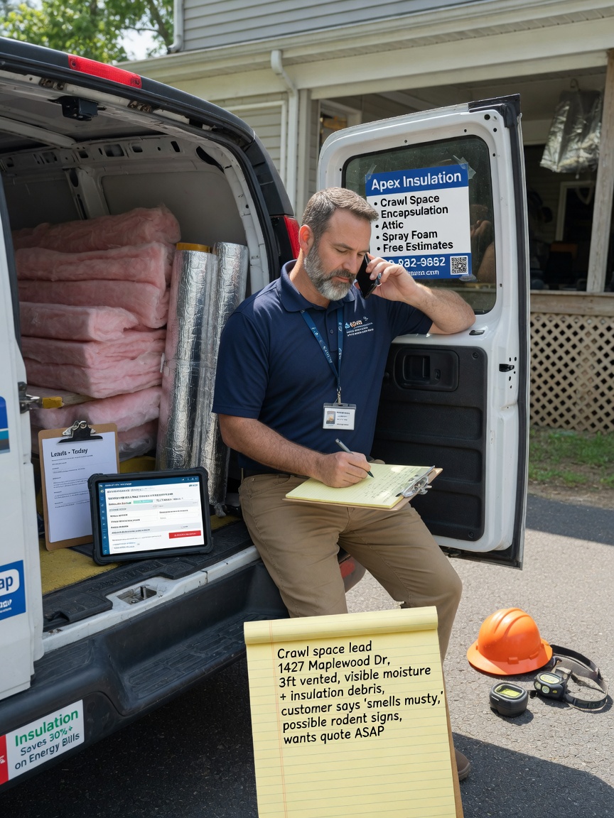 Insulation contractor reviews an attic inquiry brief on his phone beside blown-in hose in a crawl space