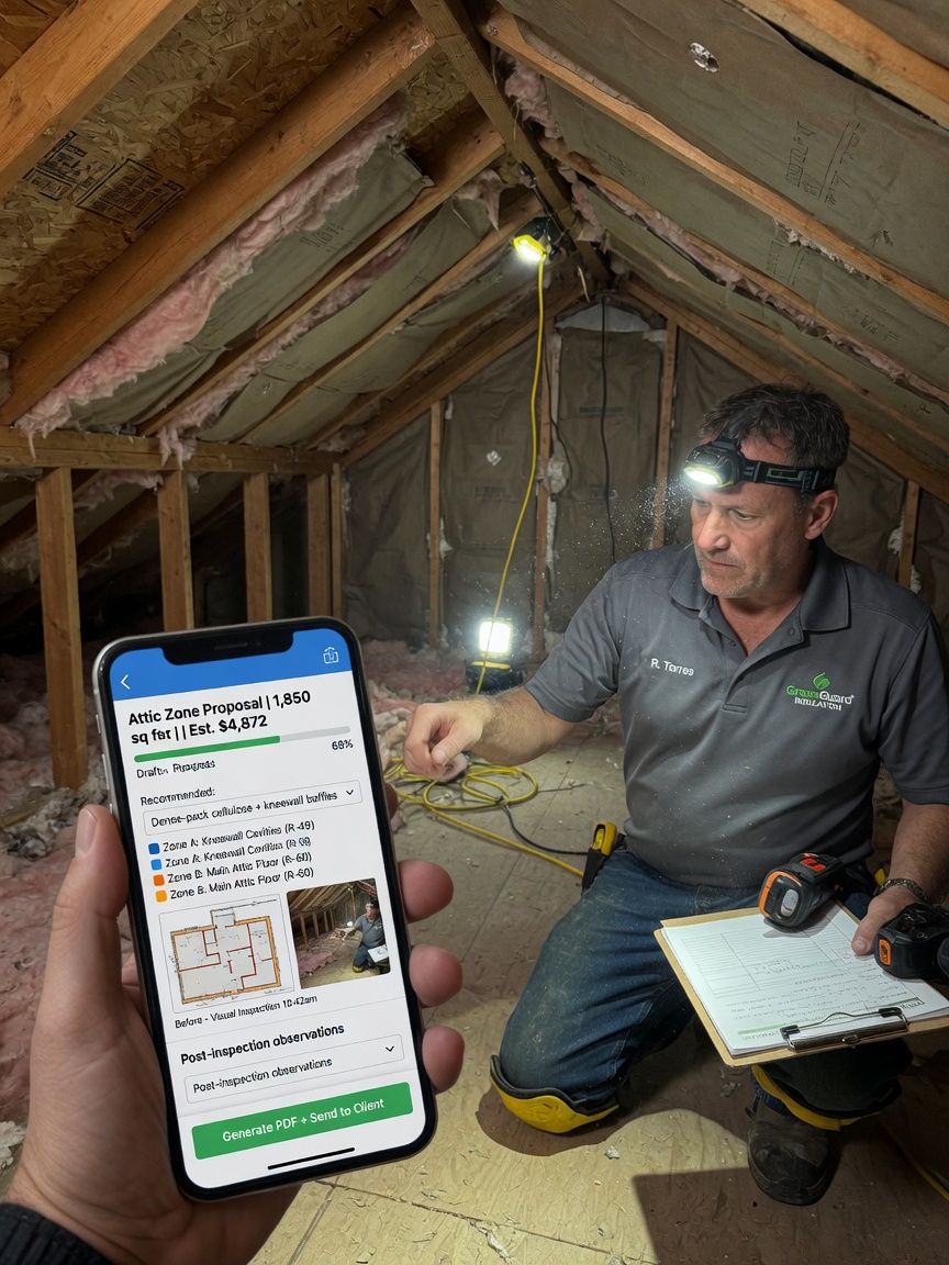 Insulation estimator drafts a zone-by-zone attic and crawl proposal on his phone after a visual inspection