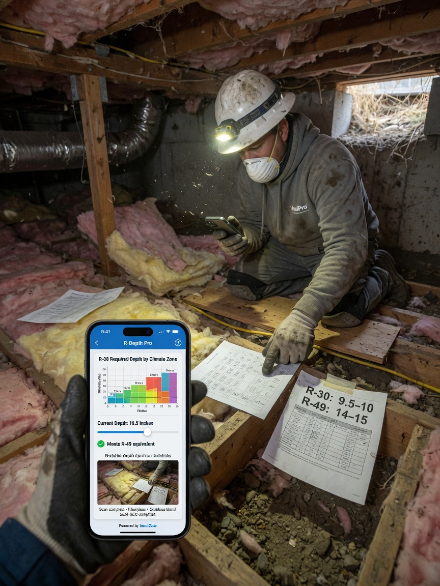 Insulation installer checks R-value and coverage depth specs on his phone in an attic bay