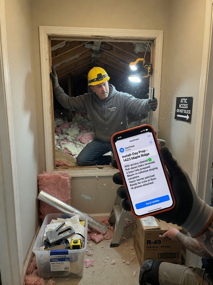Insulation crew lead reviews an install-day prep update draft on his phone before attic blown-in