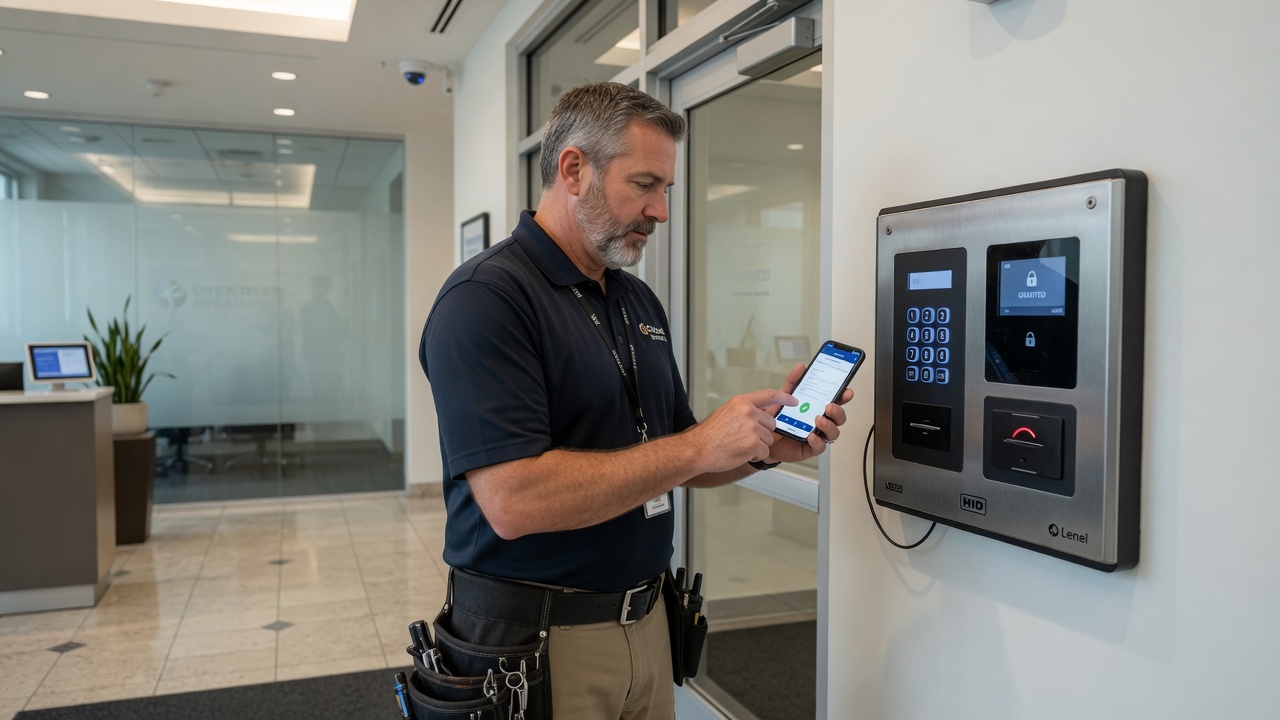 Locksmith reviews an access-control service callback brief on his phone beside a commercial door controller