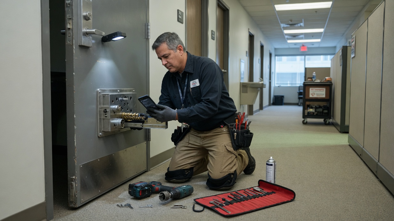 Locksmith on a commercial rekey job reviews a routed lockout call summary on his phone