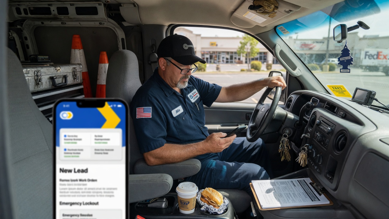 Locksmith reviews a Google LSA lockout lead summary on his phone between emergency calls