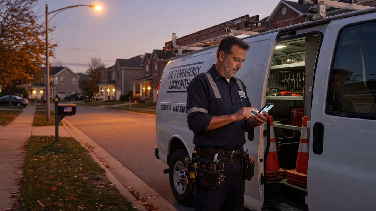 Locksmith drafts an after-hours quote with trip fee and scope lines on his phone beside a service van