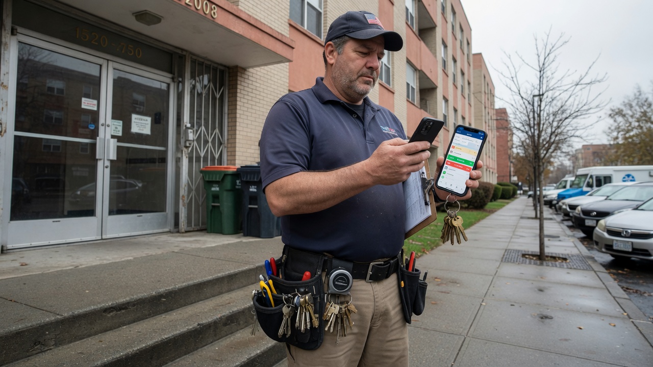 Locksmith reviews commercial rekey batch scheduling confirms on his phone outside an apartment building