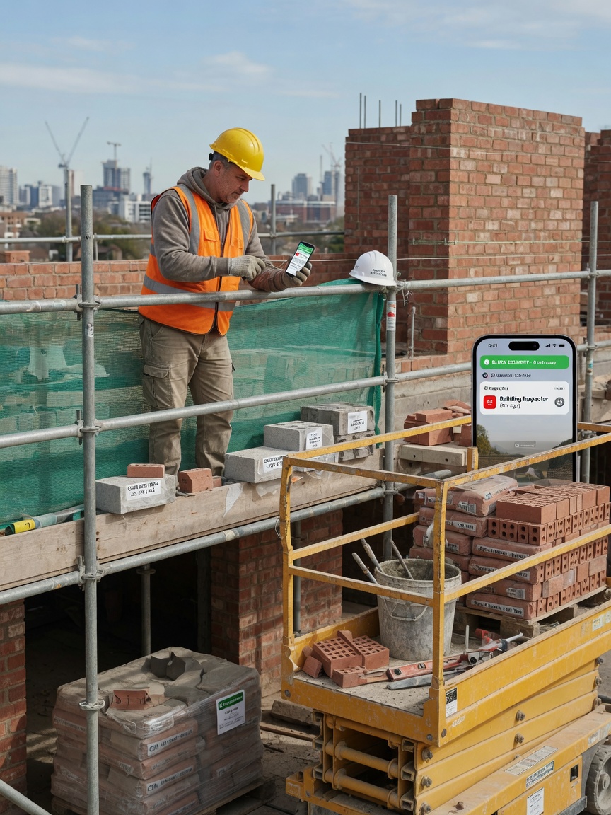 Masonry foreman reviews a delivery callback brief on his phone beside a scaffold on a veneer lift