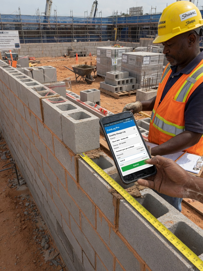 Bricklayer logs a field quantity change on his phone before restarting a block course