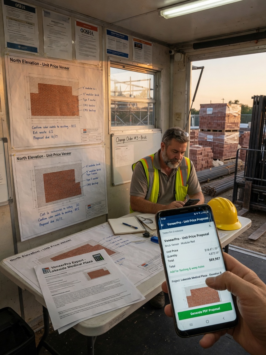 Masonry contractor drafts a unit-price bid on his phone after a plan-room takeoff session