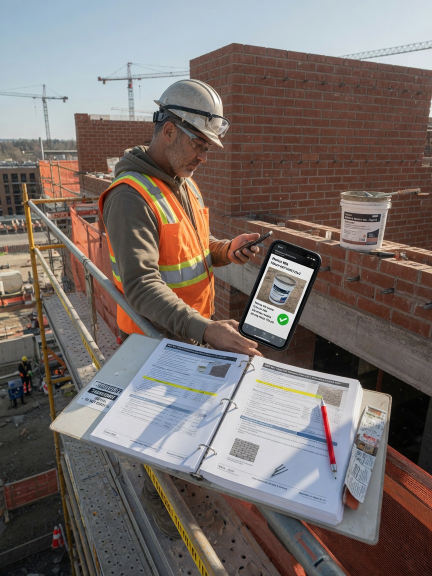 Mason checks veneer tie spacing specs on his phone at a structural wall lift