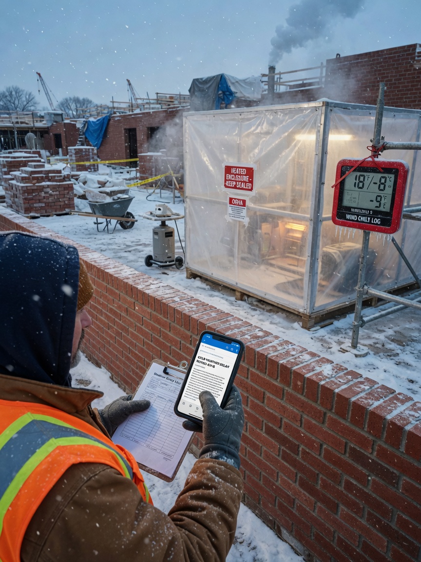 Masonry foreman reviews a cold-weather hold notice draft on his phone at a winter job site