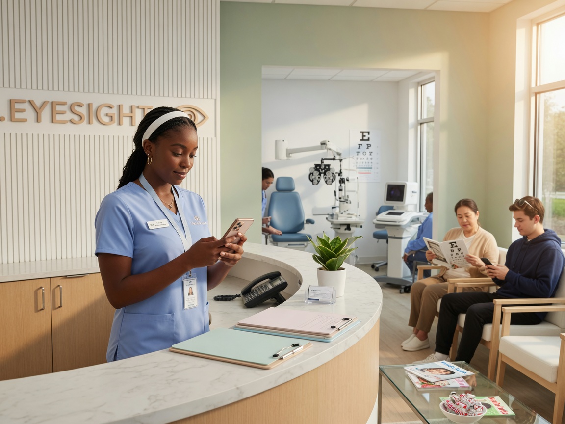 Optometry practice manager reviews a red-eye callback summary on her phone while technicians run pre-test in the exam lane