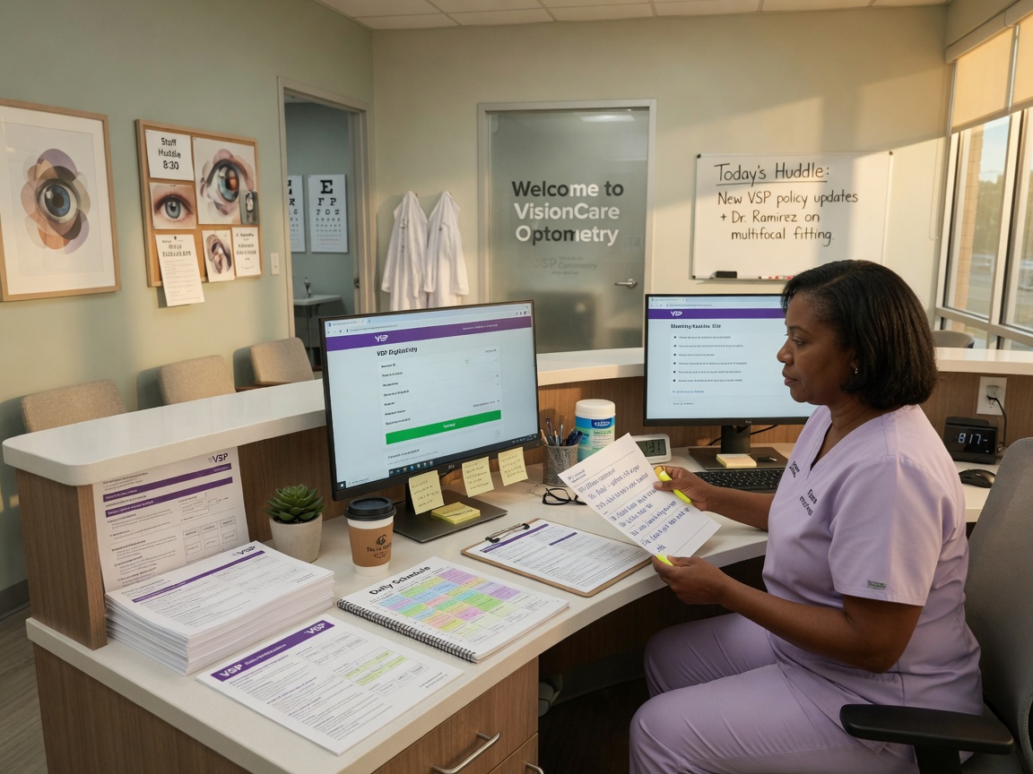 Optometry front desk staff reviews vision plan eligibility notes on a monitor before the morning patient rush