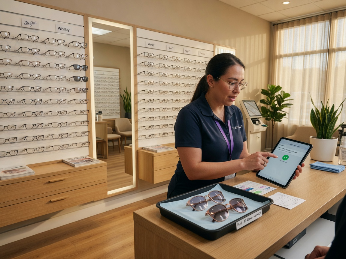 Optical dispensary staff reviews a ready-for-pickup outreach draft on a tablet beside finished eyewear orders