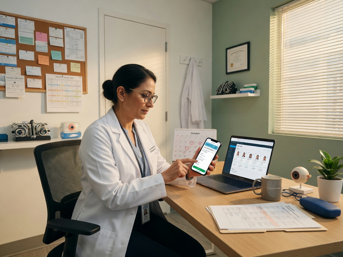 Optometry practice owner reviews a web lead intake summary on her phone between afternoon dispense appointments