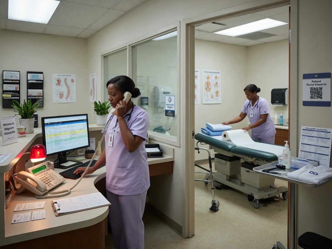 Osteopathic practice MA reviews a new patient call summary on her phone while preparing an OMT treatment room