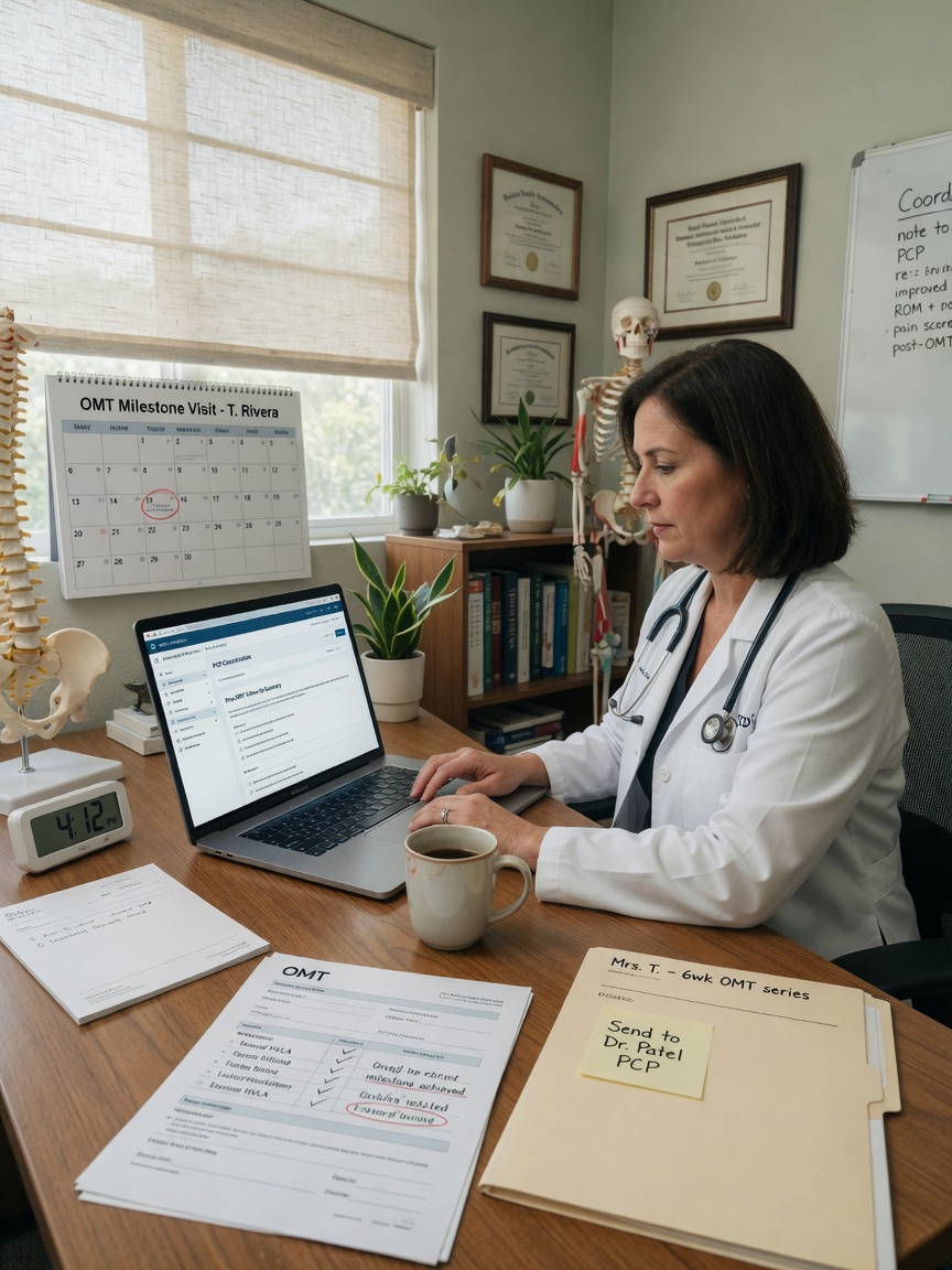Osteopathic physician reviews PCP coordination note drafts on a monitor between OMT sessions