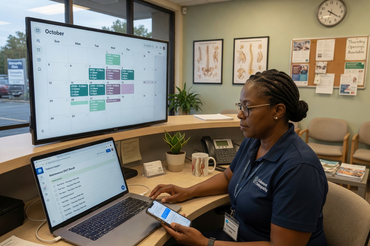 Osteopathic practice manager reviews an overdue maintenance OMT recall summary on her phone beside an open treatment room