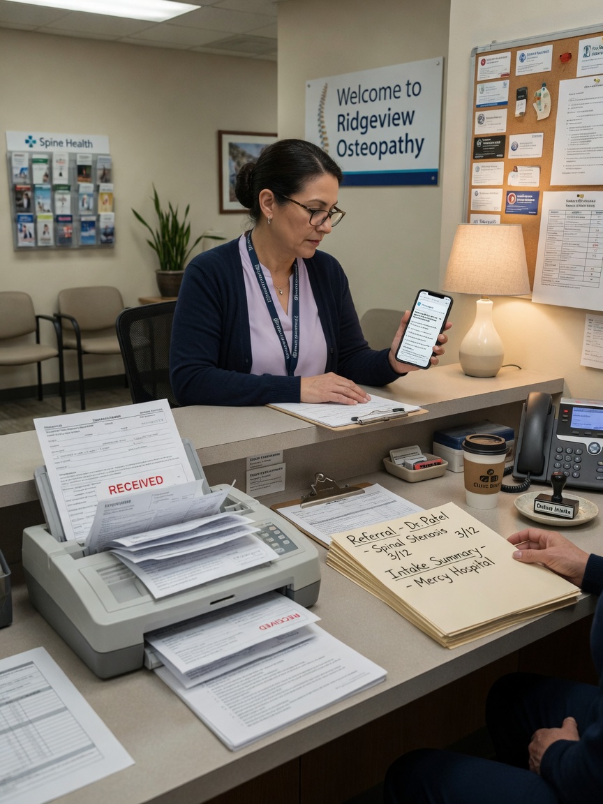Osteopath reviews a hospital referral intake summary on her phone between OMT appointments