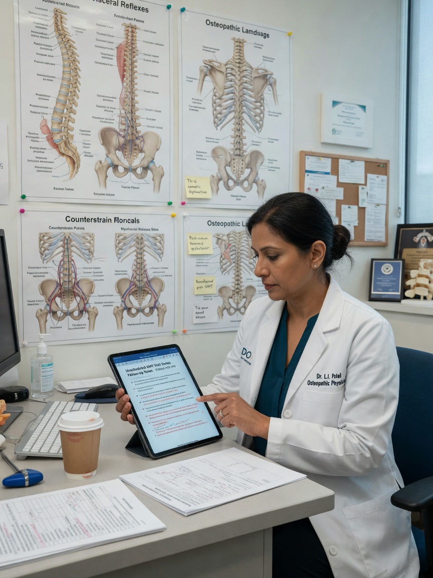 Osteopath reviews an unscheduled OMT series follow-up draft on a tablet between patient rooms