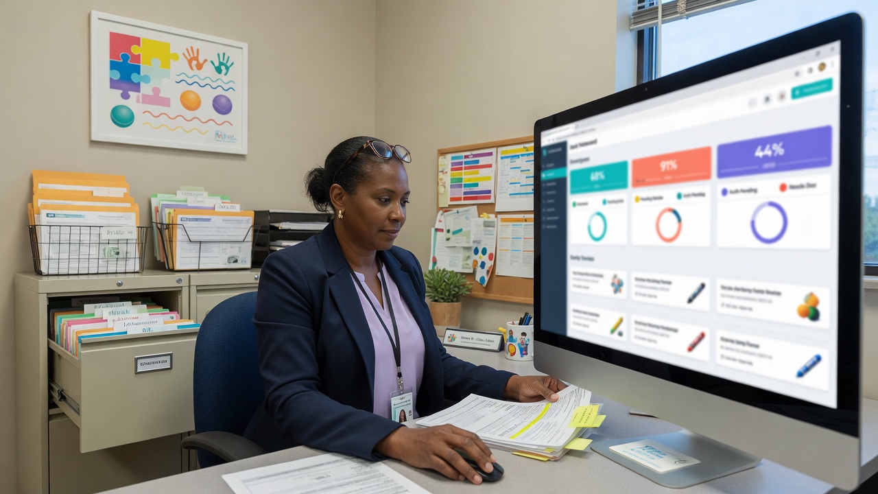 OT clinic admin reviews authorization visit-unit reauth reminder notes on a monitor before afternoon checkout rush