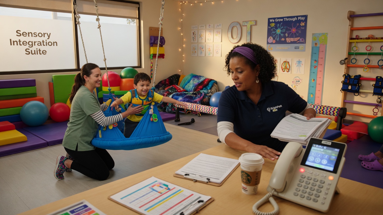 Occupational therapist reviews a new pediatric OT intake call summary on her phone while children wait in a sensory-friendly clinic reception area