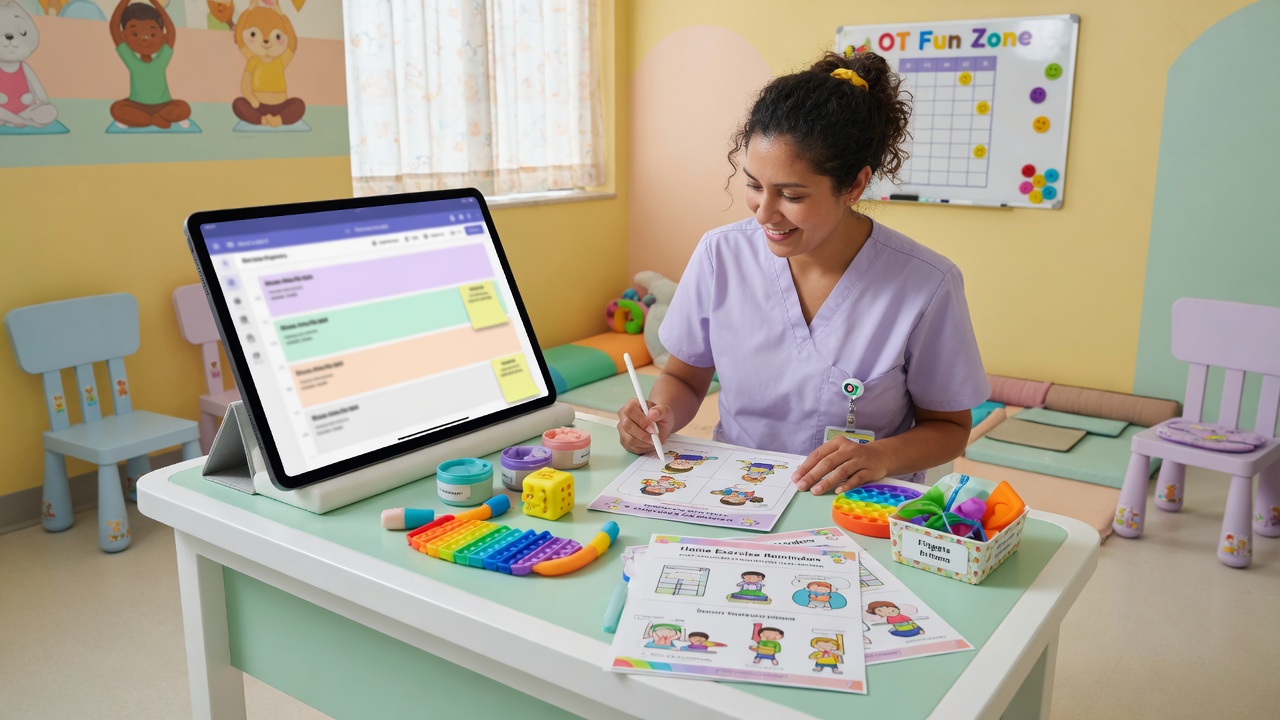 Occupational therapist reviews a home program carryover reminder draft on a tablet between pediatric sensory integration sessions