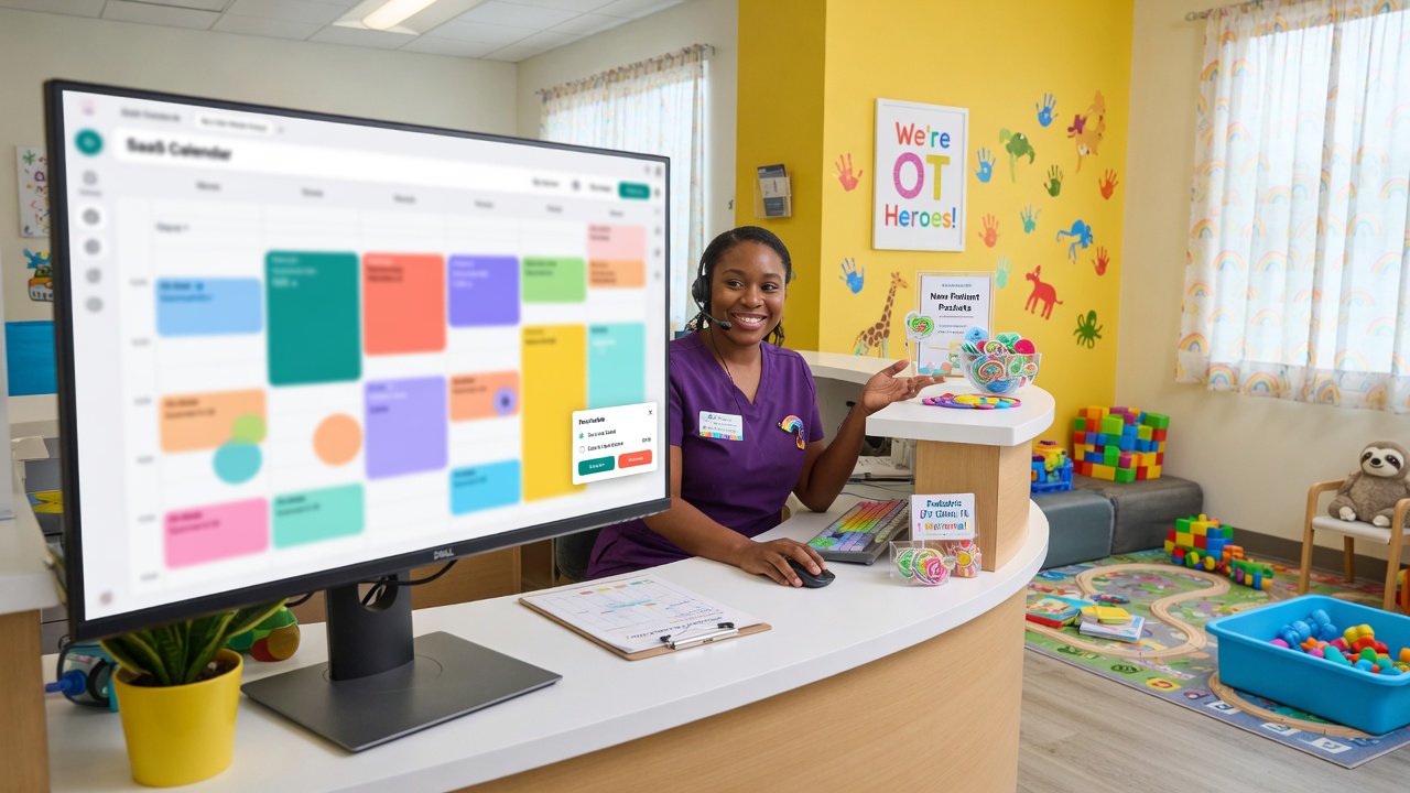 Pediatric OT clinic manager reviews a parent cancellation rebook summary on her phone beside an open sensory gym with swings and fine-motor stations