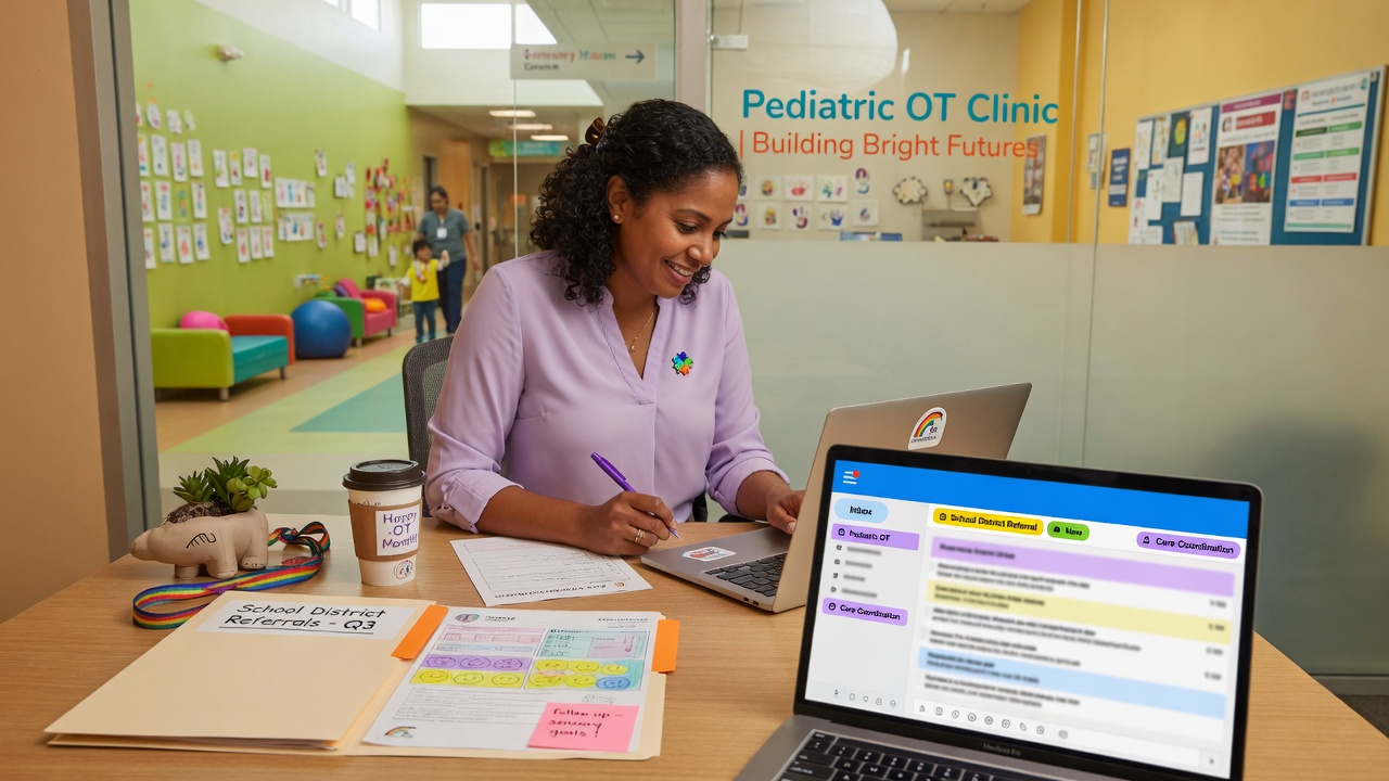 OT clinic owner reviews a school district referral intake summary on her phone between afternoon fine-motor sessions
