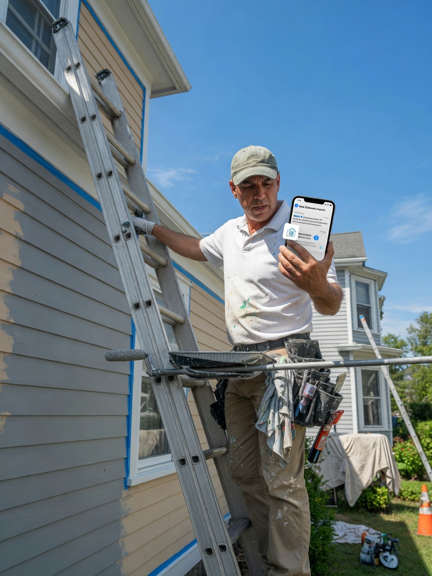 Painter reviews an estimate inquiry brief on his phone beside a ladder at a residential job site